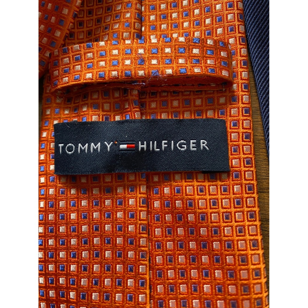Tommy Hilfiger Mens vibrant Orange Blue Geometric Square Silk Necktie rich feel